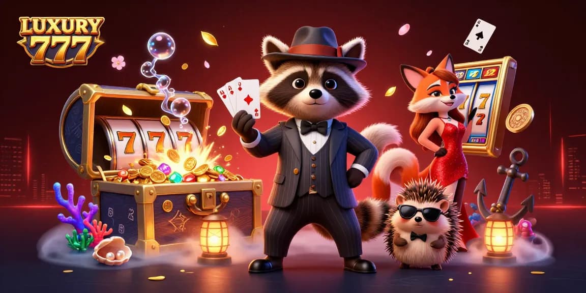 Menggoda pemain dengan LUXURY 777, ilustrasi kasino menunjukkan karakter kartun di tengah kekayaan permainan slot.