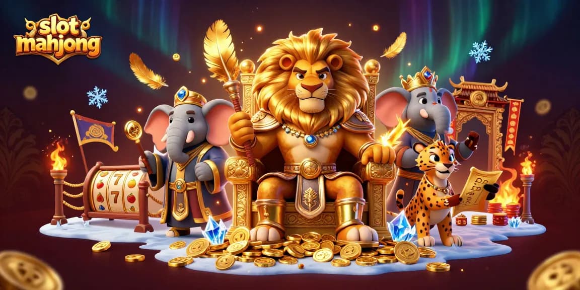 Experience the thrill of slot mahjong with fierce characters amidst golden coins and vibrant casino elements.