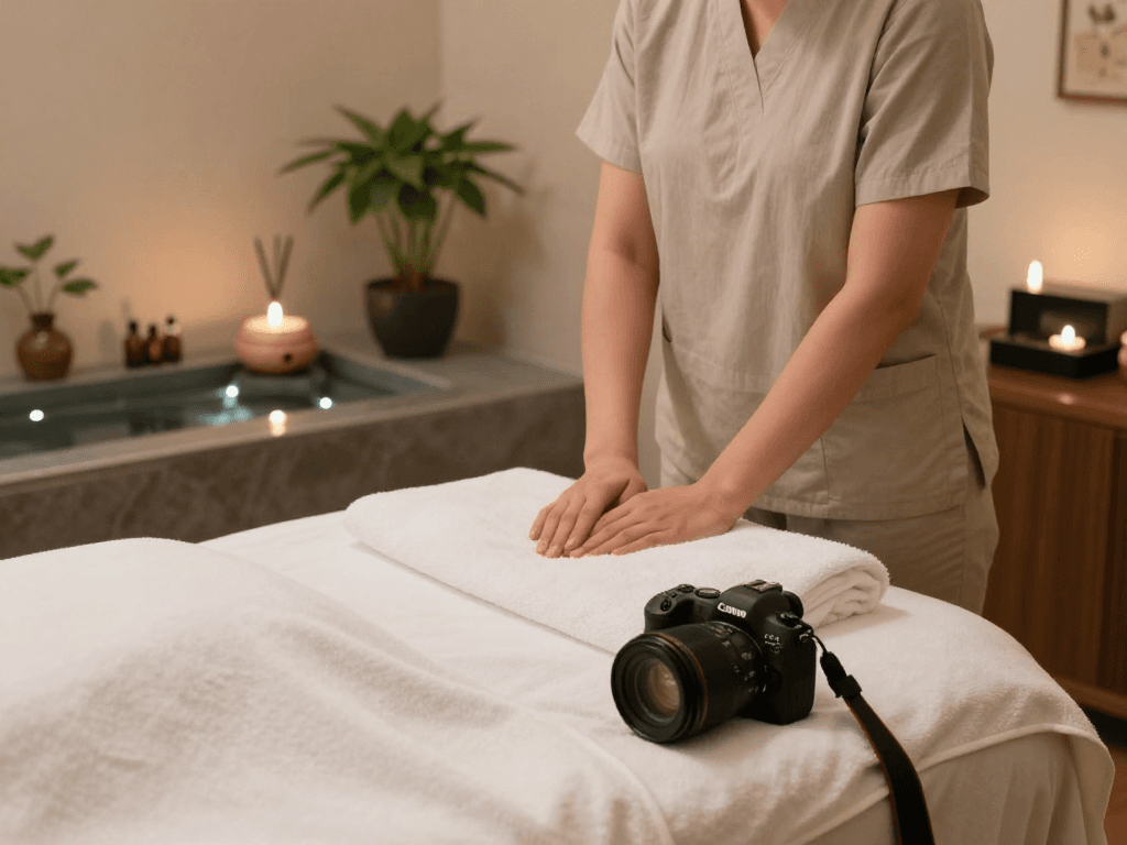 Relaxing spa setting for 오산출장안마 with calming lighting and soothing elements.