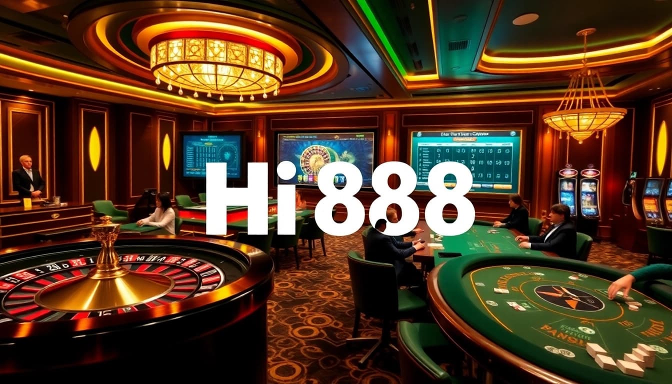 Experience the excitement of Hi88 with sleek casino tables, vibrant roulette wheels, and thrilling online gambling elements.
