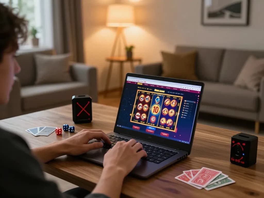 MIG8 player engaging in exciting online slot games at home during cozy evening setup.