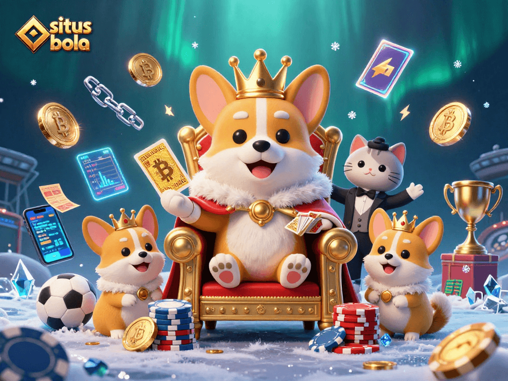 Experience excitement at situs judi bola with a regal corgi royalty surrounded by sports symbols.