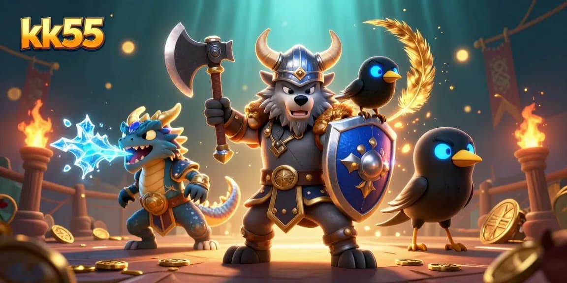 Engage with thrilling bets at kk55 while a Viking wolf and dragon symbolize casino excitement.