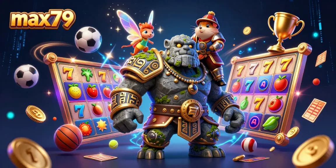 Experience max79's enchanting slot game world with a golem, fairy, and hamster knight in a vibrant scene.