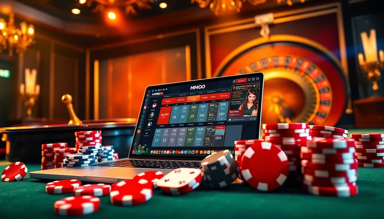 Engaging MMOO online gaming interface surrounded by poker chips and playing cards at an upscale casino.