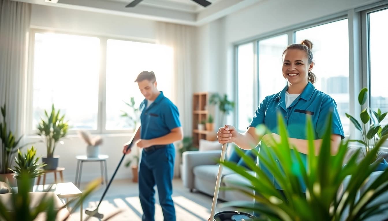 Technicians providing cleaning services calgary in a bright, tidy living room.