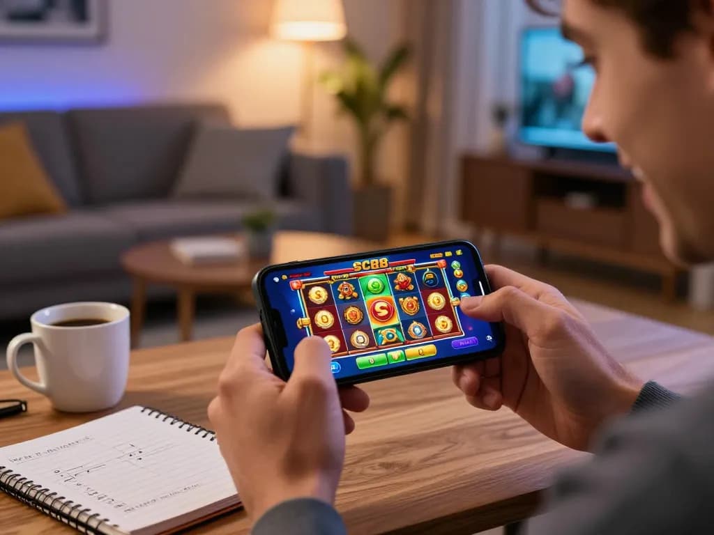 Excited player enjoying SC88 casino app on smartphone during a cozy home gaming session