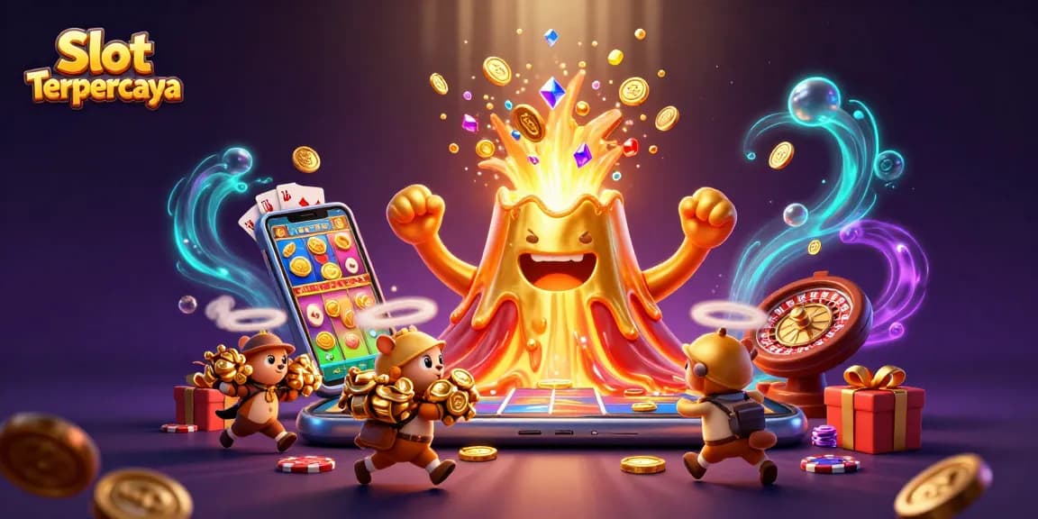 Engage with Slot Terpercaya through thrilling 3D casino adventure featuring a golden volcano erupting treasure.