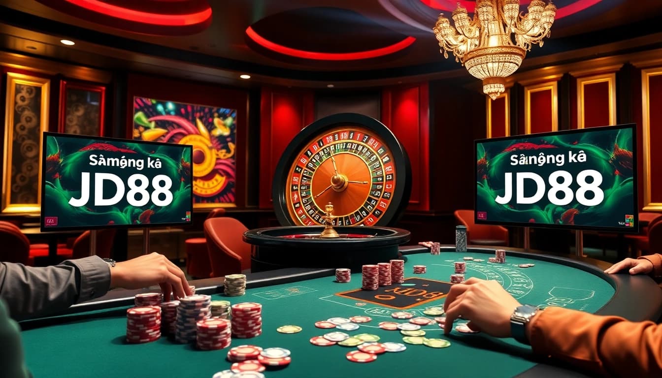 Cảnh hấp dẫn của người chơi tham gia poker tại một casino sang trọng, nhấn mạnh đăng ký JD88 cho trò chơi trực tuyến.