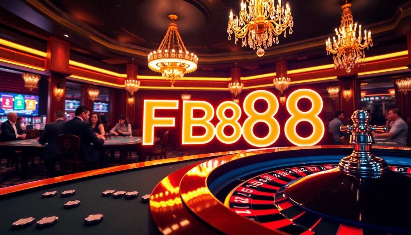 FB88 logo glowing in a vibrant casino setting, capturing an exciting gambling atmosphere.