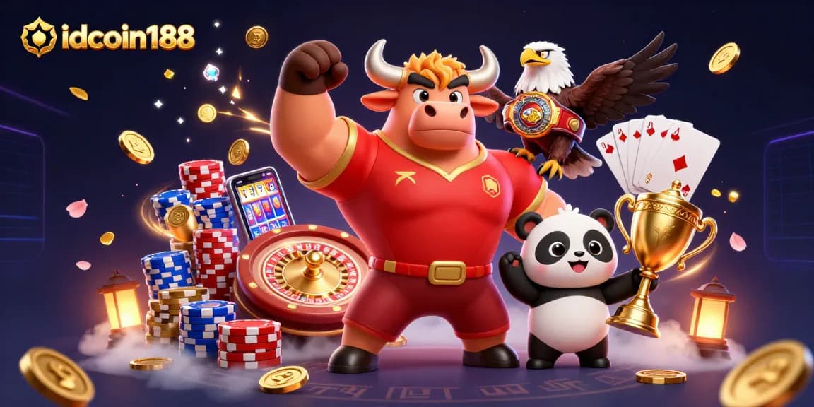 Win big with idcoin188 in this vibrant illustration showcasing casino excitement and victory.