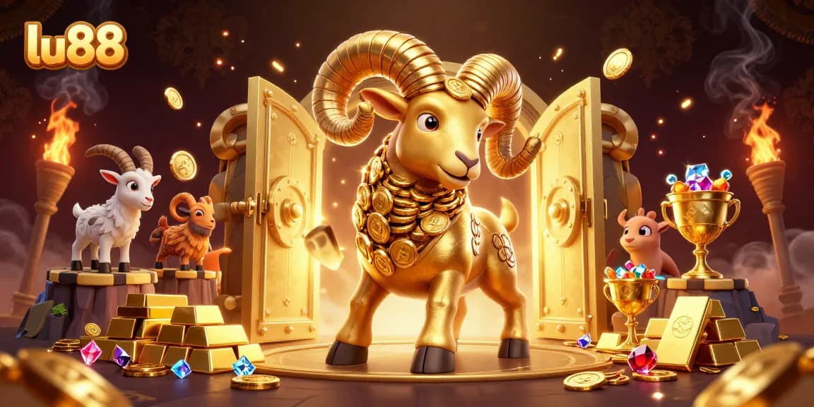 Experience the thrill of lu88 as a golden ram charges through a treasure-filled gateway.