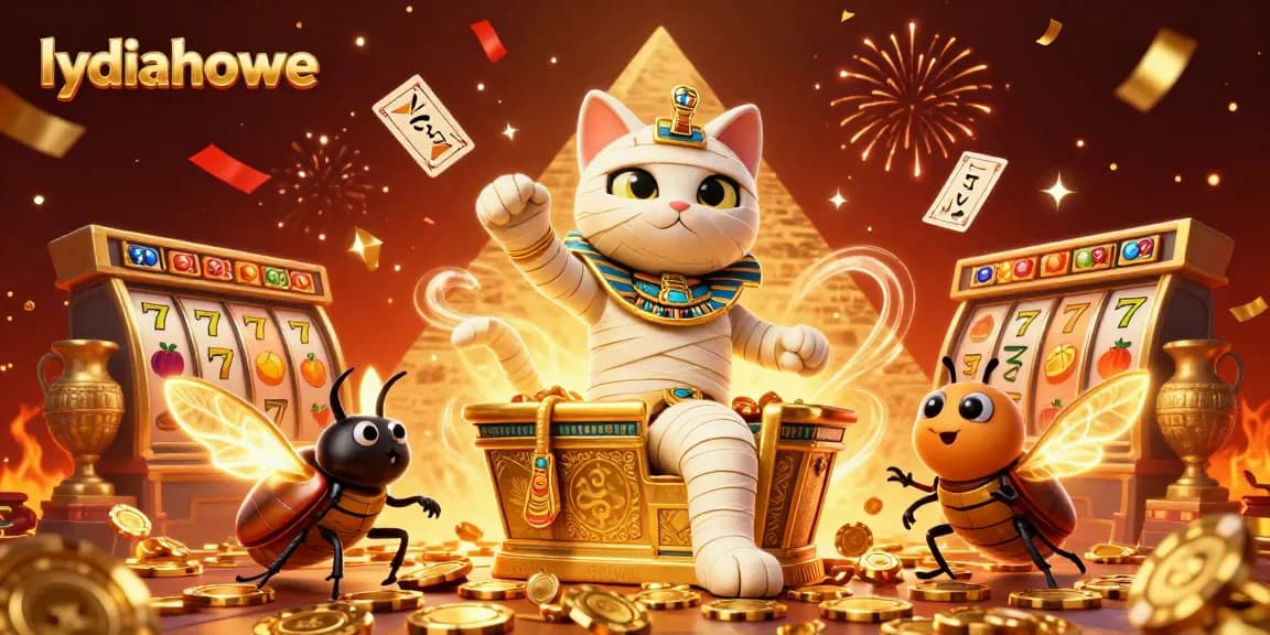 Lydiahowe showcases an Egyptian mummy cat at a vibrant pyramid casino, revealing slot reels and festive energy.