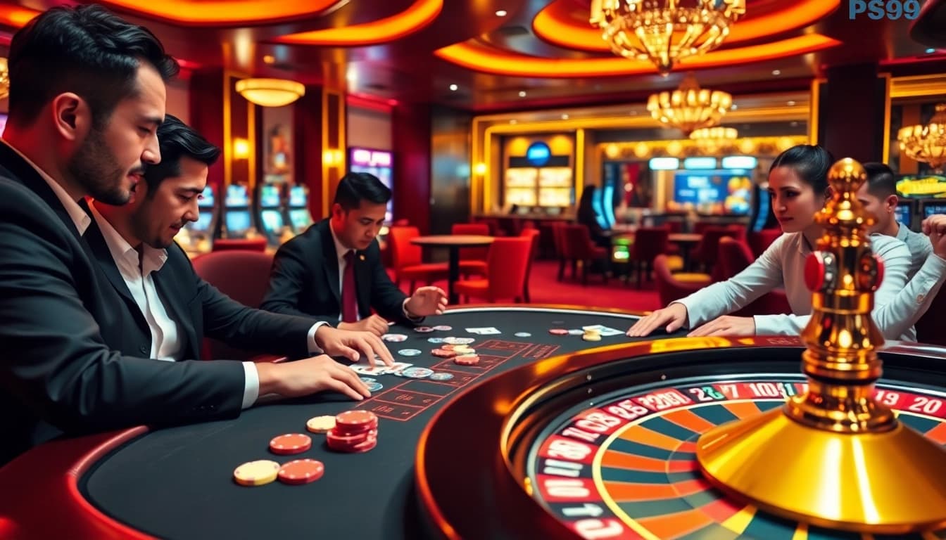Experience high stakes at PS99 poker table with colorful chips and cards in a luxurious casino.