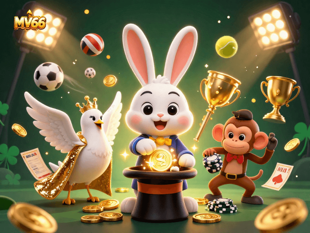 Win big at MV66 with a magical 3D illustration featuring a magician rabbit, dove, and monkey surrounded by casino games.