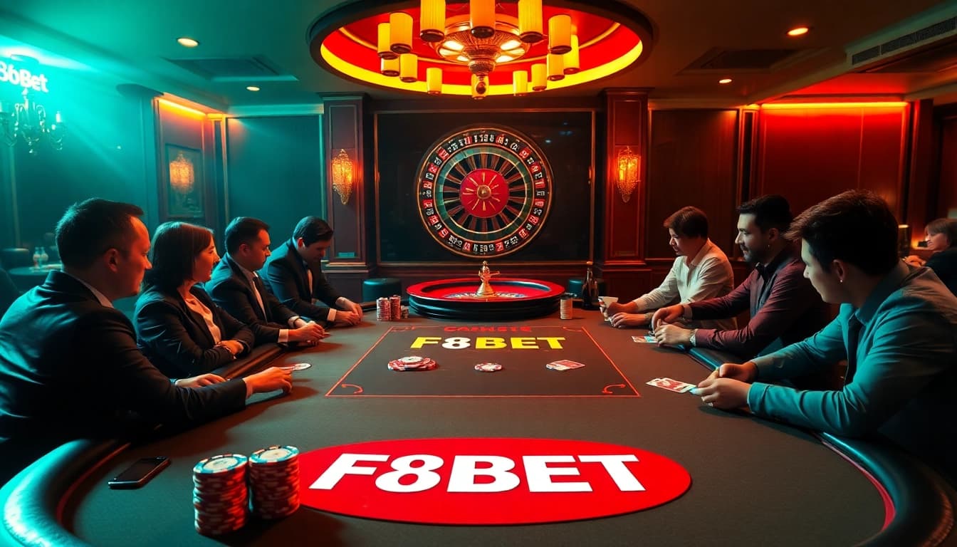 Experience the excitement of gambling at F8BET with an engaging poker table scene.