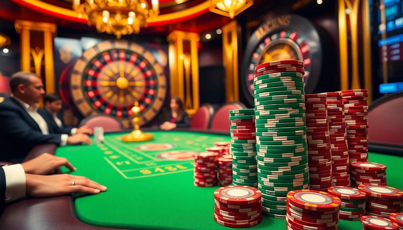 Experience thrilling poker action at LUCK8 with vibrant chips, tables, and luxury.