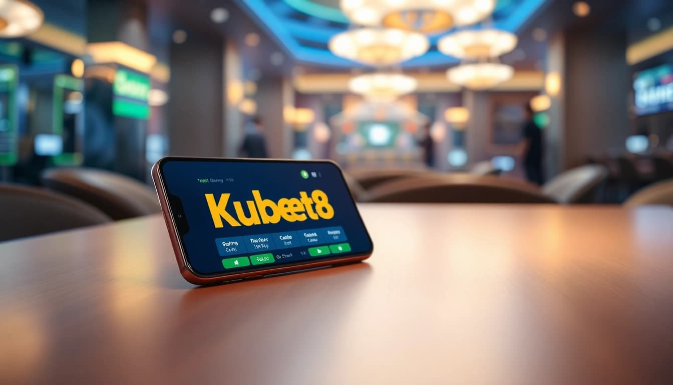 Tải App Kubet88: Trải Nghiệm Cá Cược Nhanh – Mượt – An Toàn with a sleek smartphone showing the betting app interface, conveying luxury and excitement.