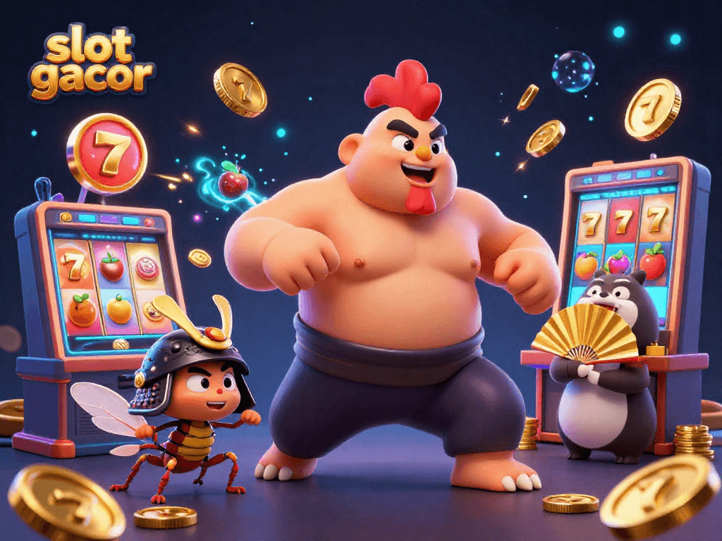 Experience thrilling slot gacor action with sumo wrestlers, crickets, and vibrant slot reels.