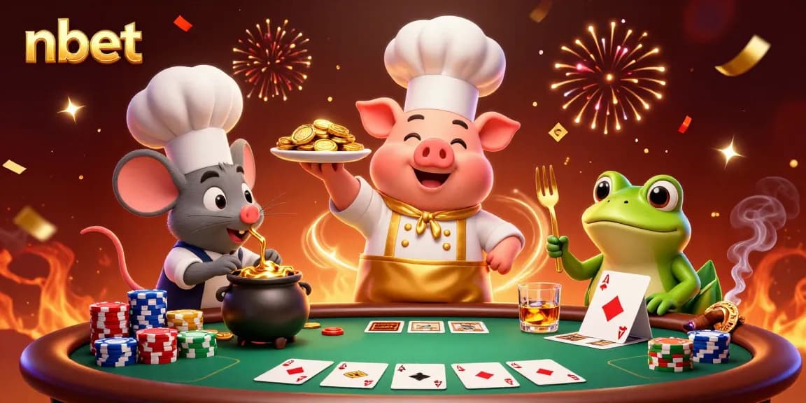 Engaging nbet scene featuring a chef pig and a mouse, showcasing poker action with towering chips.