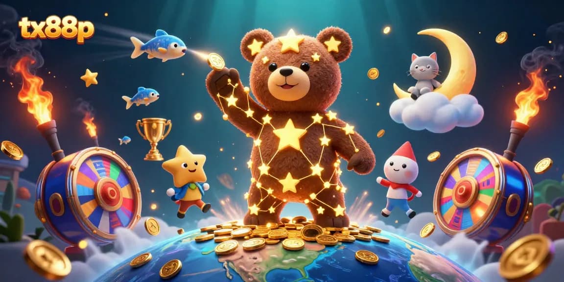 Spin to win at tx88p with vibrant slots and a celestial bear in this dynamic casino illustration.