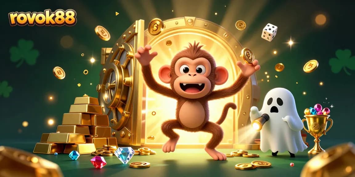 rokok88 showcases a lively haunted casino scene with a poltergeist monkey juggling gold while a curious puppy tracks it.