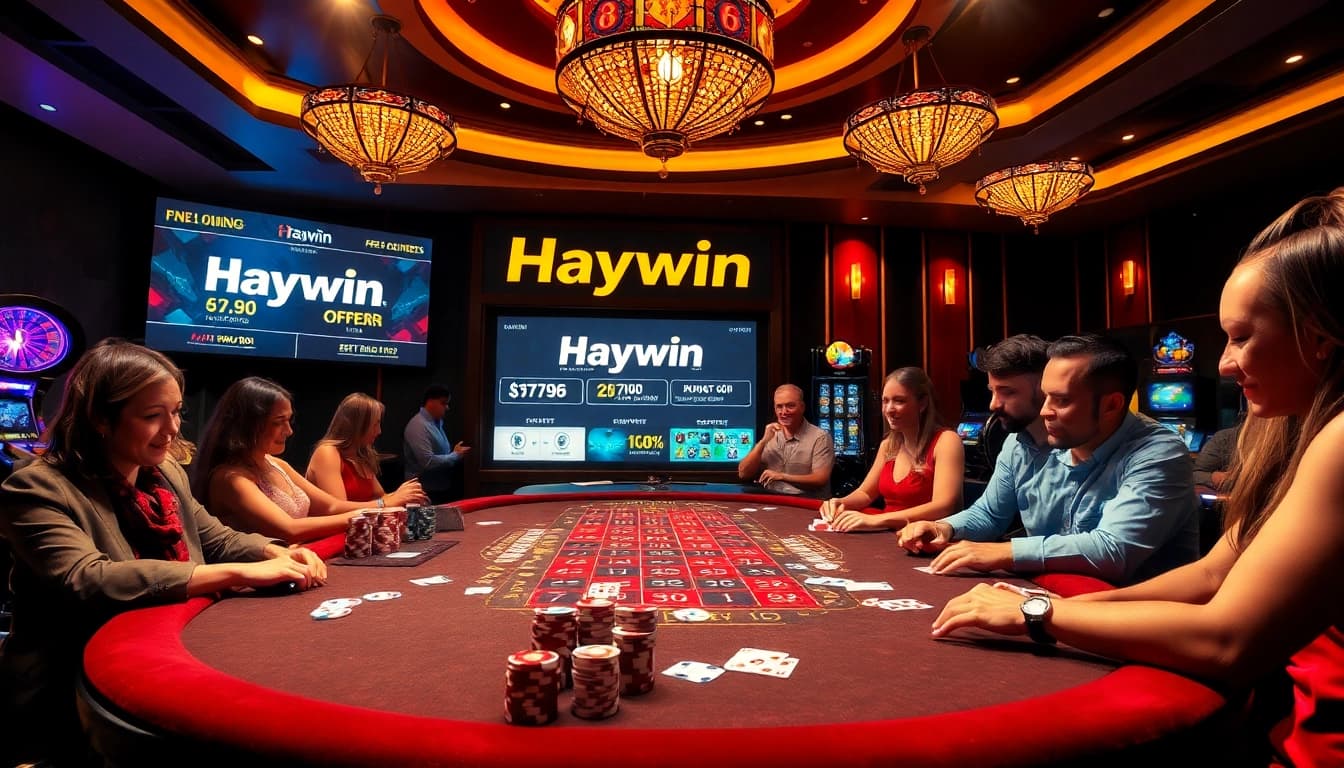 Engage with Haywin's thrilling casino gaming experience featuring poker and slot machines.
