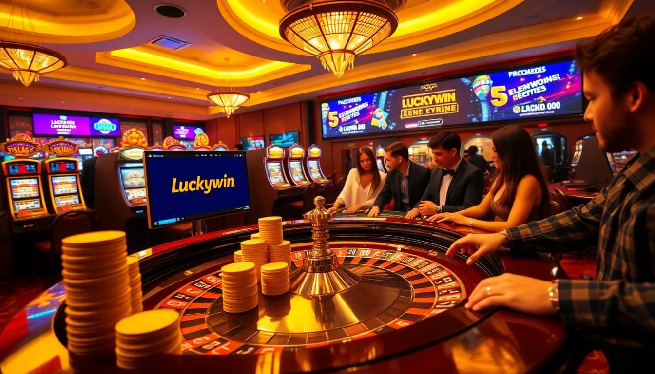 Experience the excitement of gambling at Luckywin with vibrant casino visuals and promotional elements.