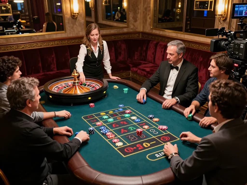 Players thrill at the roulette table in an upscale live casino scene, capturing the excitement of 88aa.