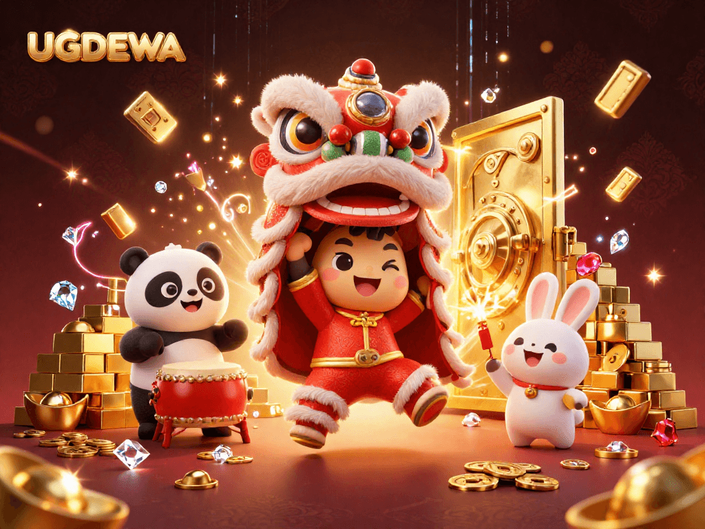 UGDEWA offers an exciting gambling experience with a lion dance scene featuring treasures and vibrant decorations.