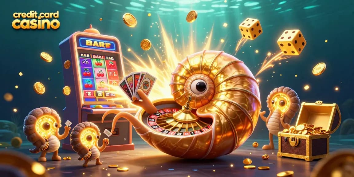 Engage with the excitement of a credit card casino featuring a vibrant 3D nautilus and slot machine action.