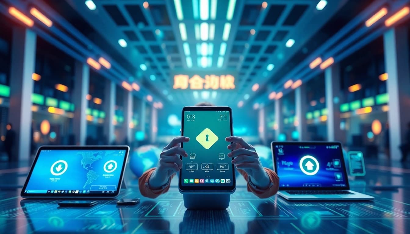 快连下载 in action: user downloading the app on multiple devices in a secure digital environment.
