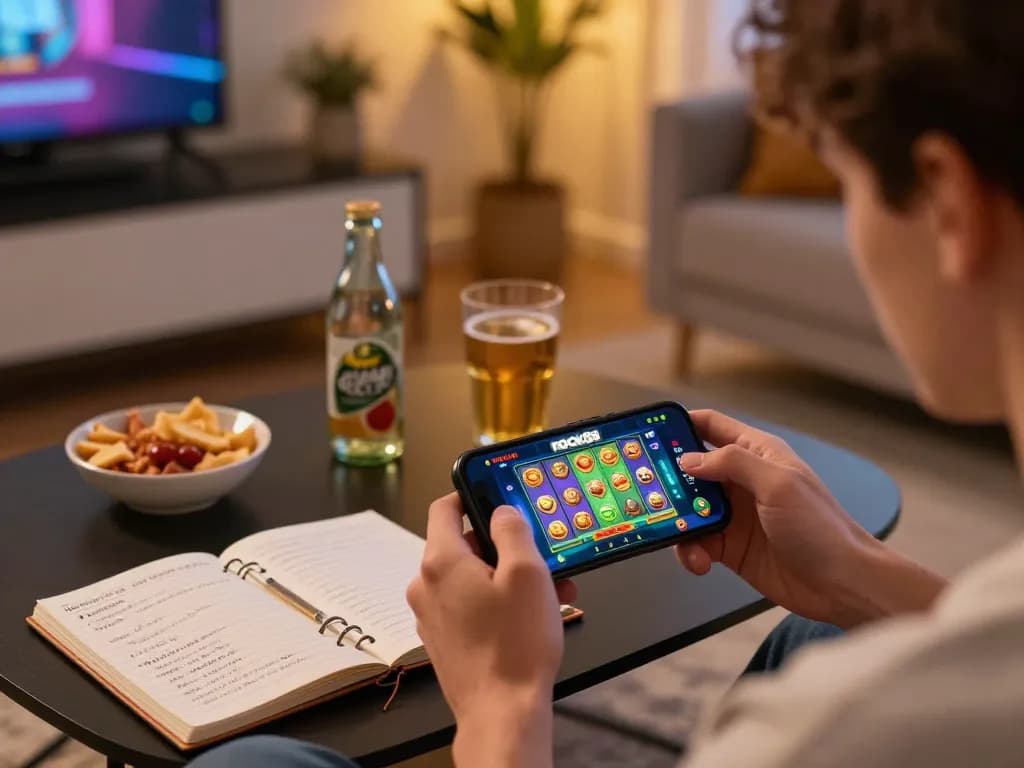 Experience excitement playing rokok88 slot on a smartphone in a cozy home environment, emphasizing responsible gaming.