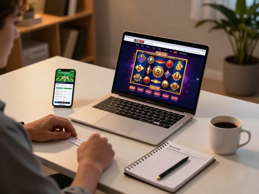 Player engaging with the SC88 casino platform on a laptop, showcasing strategic betting notes and a vibrant online gaming environment.