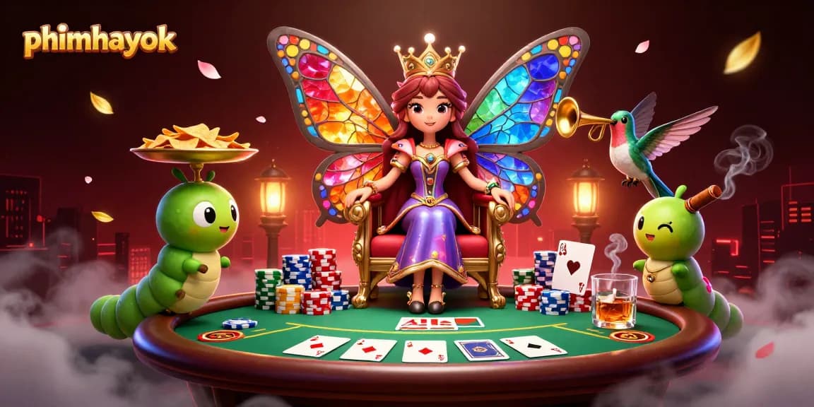 Engage with the excitement of phimhayok as a butterfly queen reigns in a vibrant casino scene.