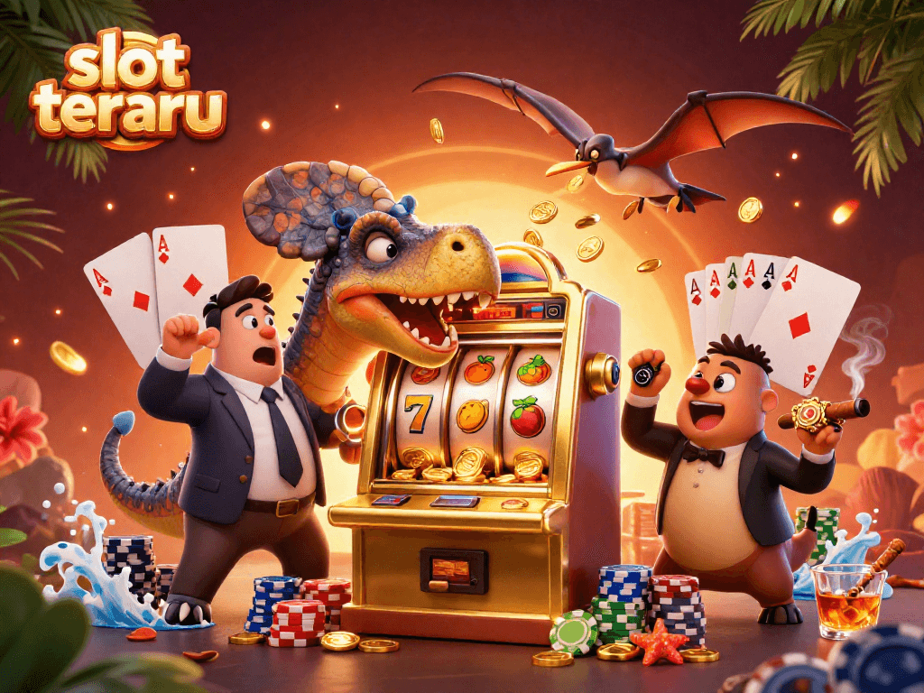 Experience thrilling wins at slot terbaru with a cartoon dinosaur hitting a jackpot, golden coins fly around.