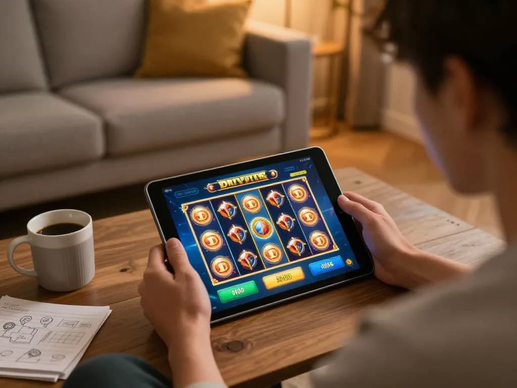Enjoying slot deposit 5000 gaming on a tablet in a cozy home environment.