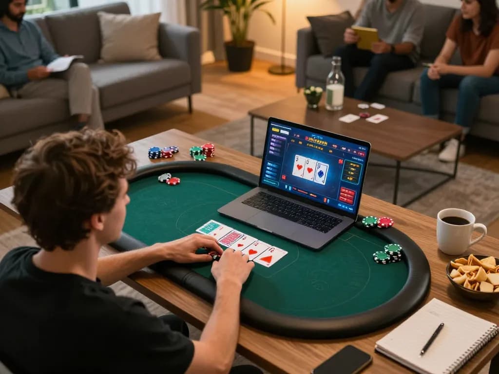 Player winning in online poker game on luckywin app in cozy living room