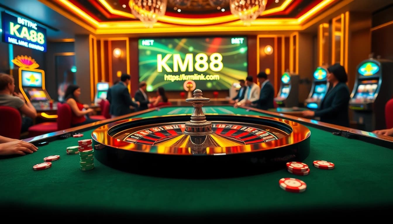 Players enjoying roulette at https://km88link.com/ with vibrant casino elements and an online interface.