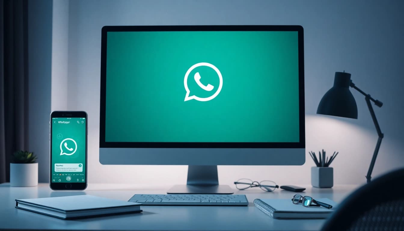 WhatsApp网页版 interface displayed on a desktop with smartphone nearby, emphasizing seamless communication.