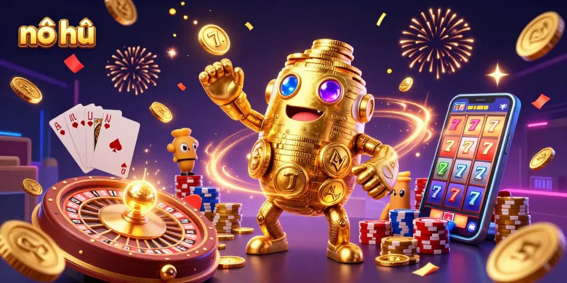 Experience thrilling nổ hũ action with a golden golem, dazzling coins, and spinning roulette in a vibrant casino scene.