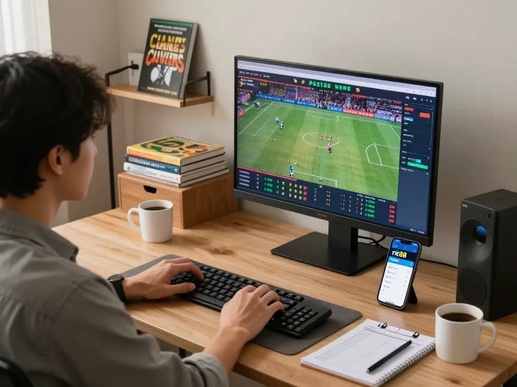 Engaging in nk88 bet sports betting on multiple screens, captures the thrill of online wagering.
