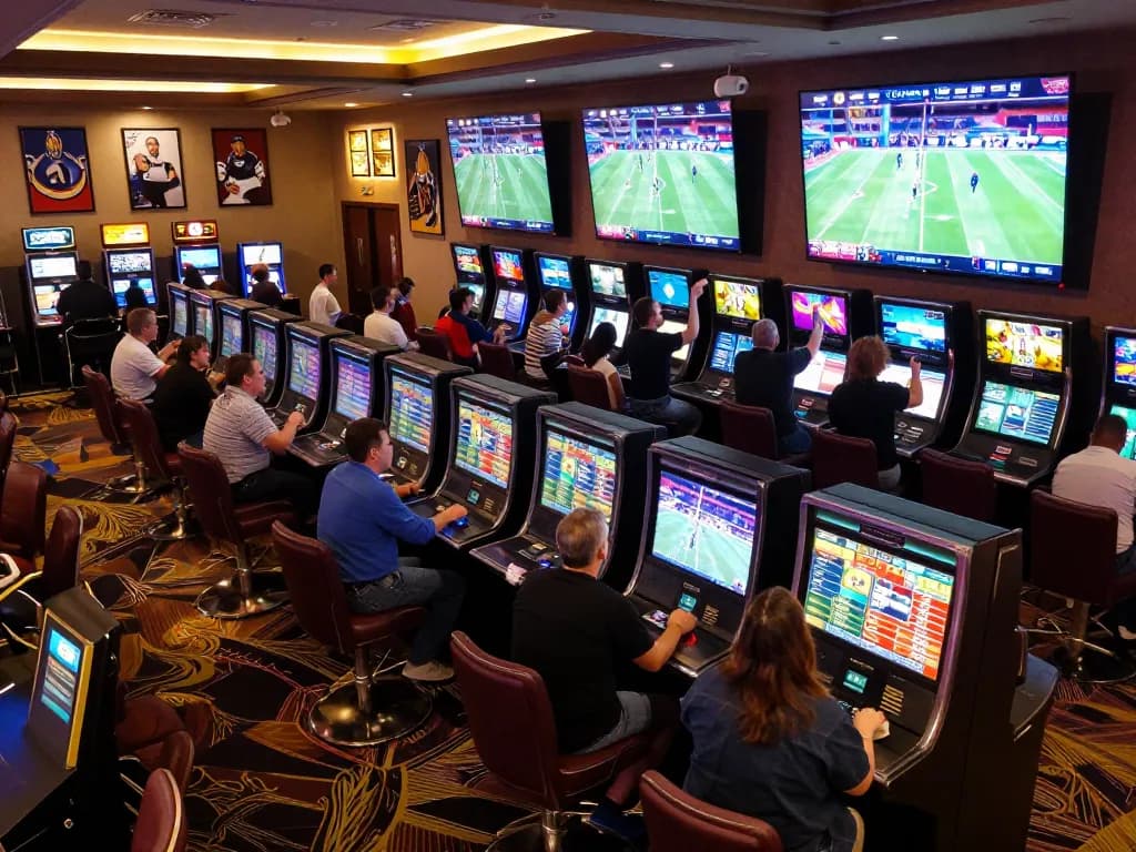 Engaging sports betting scene at Net88's casino sportsbook with fans placing bets on live games.