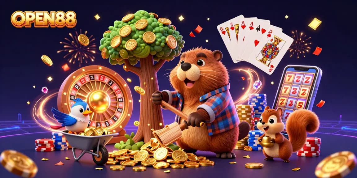 OPEN88 promotes winning strategies with a lively casino scene featuring cartoon characters collecting gold coins.