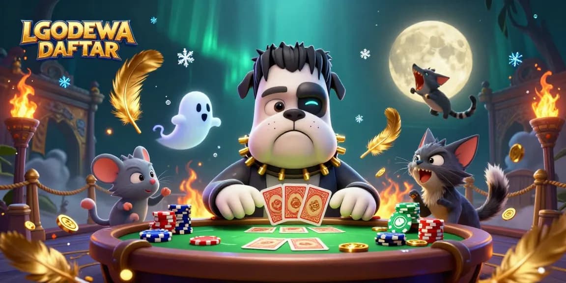 Experience thrilling games with LGODEWA DAFTAR featuring a playful pug dealer at an action-packed table.