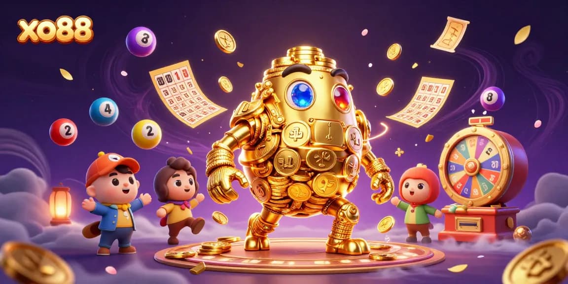 Experience the excitement of xo88 with a vibrant animated scene showcasing golden golem and lottery elements.