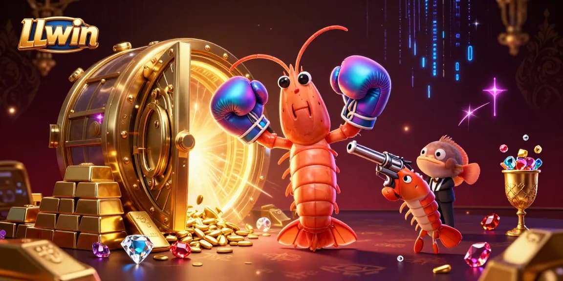 Spin the jackpot reels at LLwin with this vibrant 3D illustration featuring dynamic underwater characters.