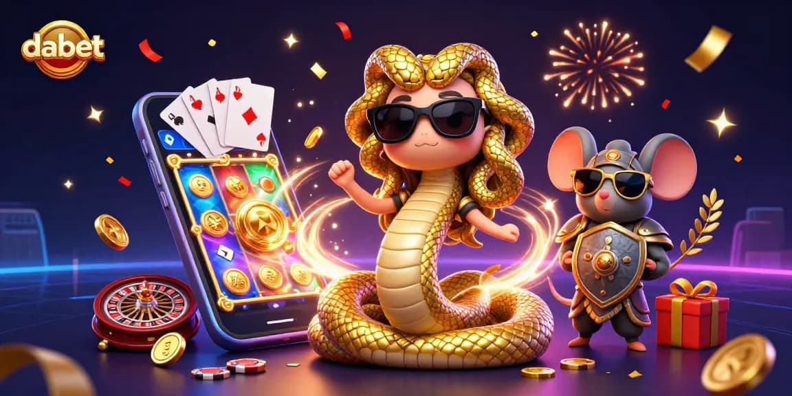 Engage with dabet’s exciting slots featuring Medusa and gaming elements in fun, colorful scene.