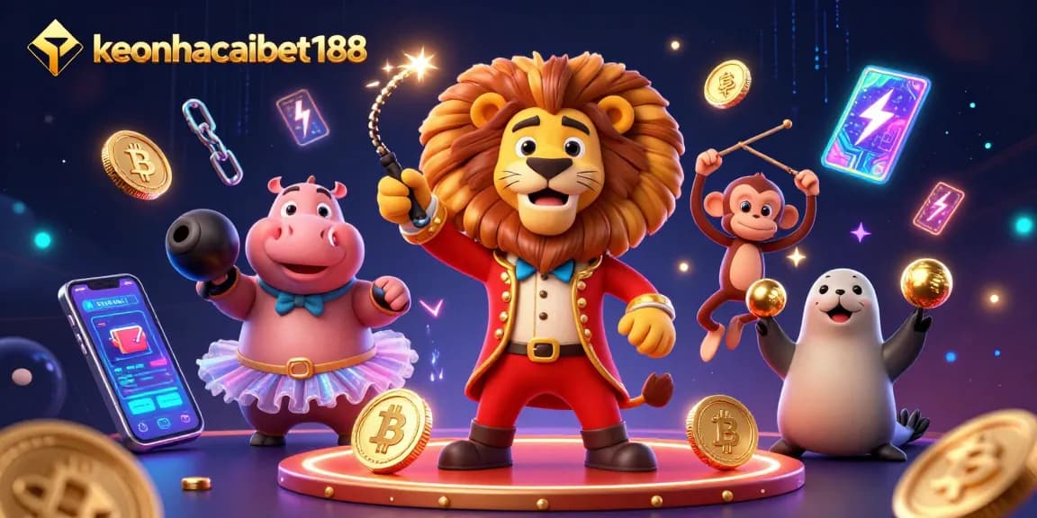 Engage with keonhacaibet188 in this vibrant casino scene filled with animated characters and crypto elements.