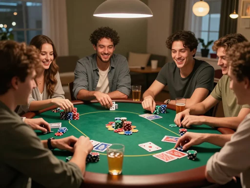 Friends enjoying a poker night together at home while playing KP88 for entertainment and friendly competition.